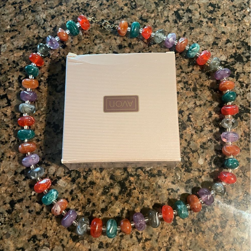 Vintage AVON Necklace multi color Resin stone Colorful Nugget Treasure With Box